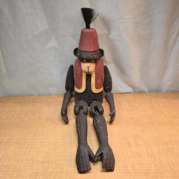 Vintage Wooden Carved, Jointed and Painted Monkey Shelf Sitter With Fez ~19" - Picture 1 of 7